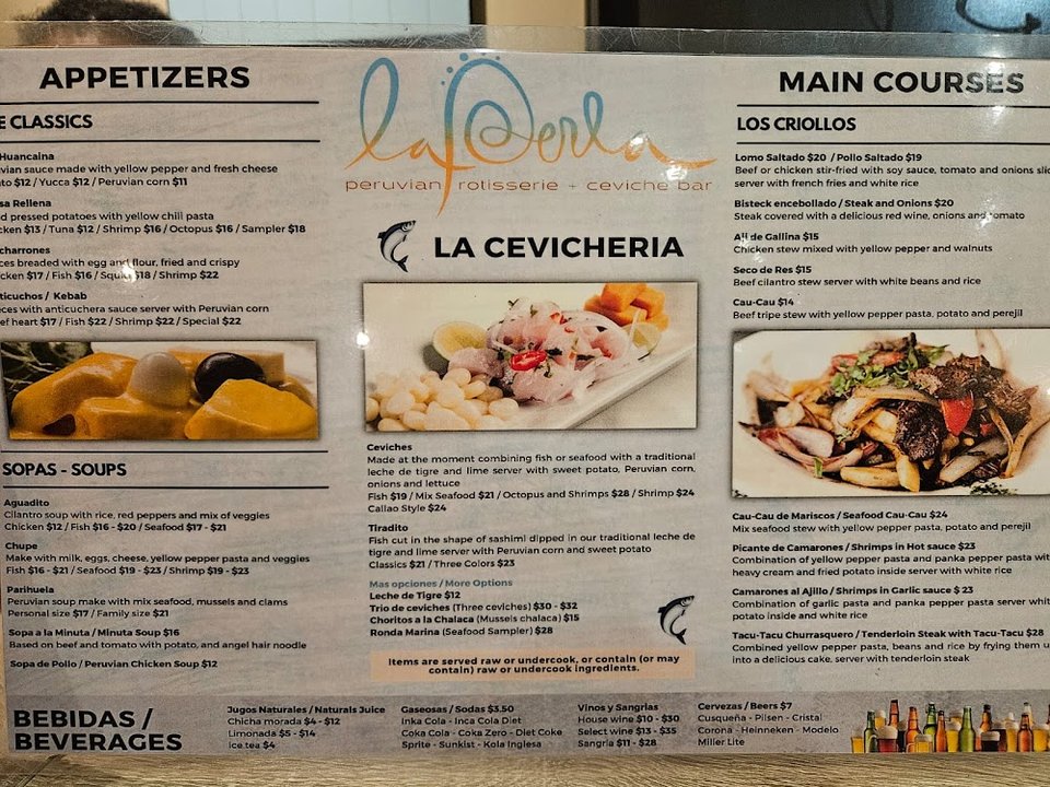 Menu page featuring ceviche and seafood dishes.