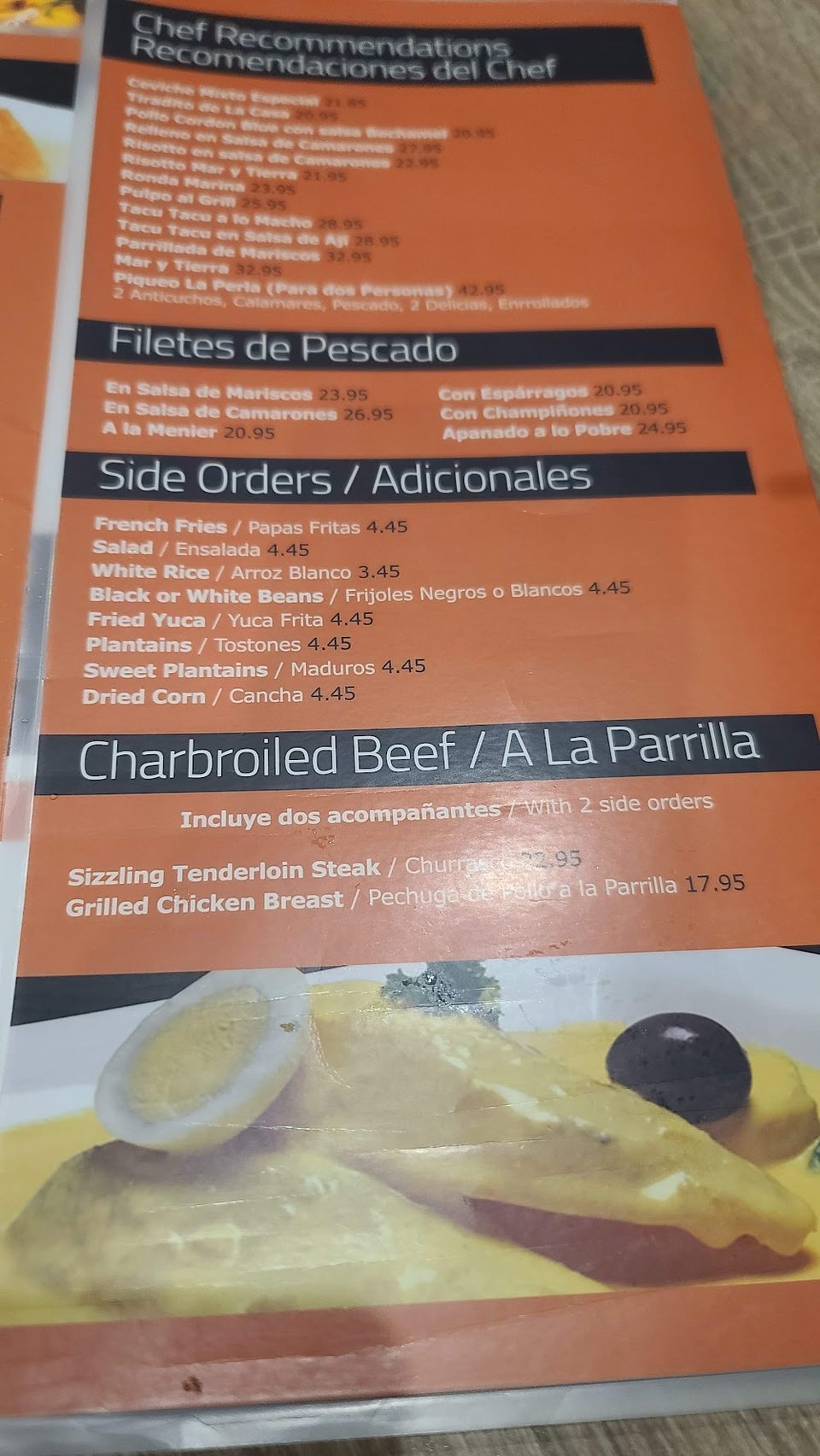 Ceviche, fried fish, and octopus dishes listed.